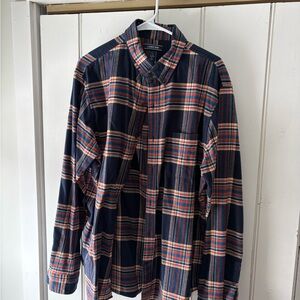Lands' End Men's Navy and Orange Plaid Shirt